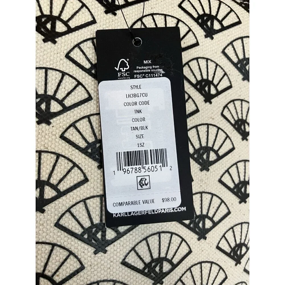 NWT Cannes Canvas Tote By Karl Lagerfeld, Beige/Black Zip Top, Cotton MSRP $98